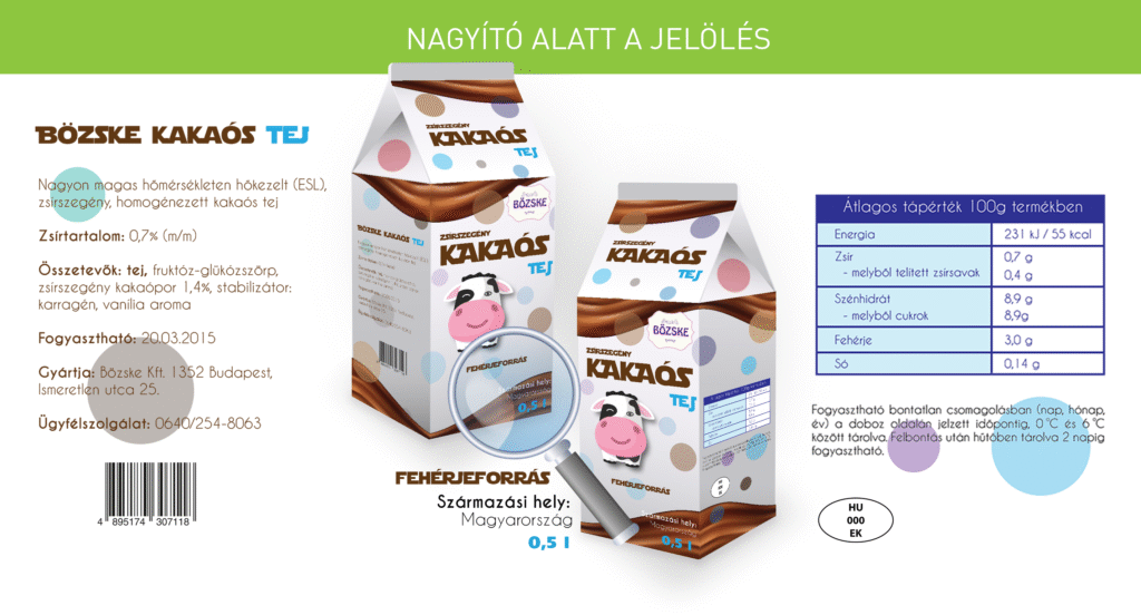 A képen látható egy kakaós tej, amelynek látható a termék megnevezése, a zsírtartalma, az összetevők listája, az allergének, a lejárati ideje, a gyártója és az ügyfélszolgálat elérhetősége. A származási helyet, és a tápértéktáblázatot is feltüntették, valamint az ovális bélyegzőt.